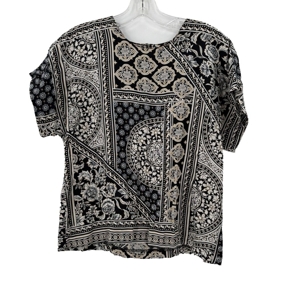 Vintage Lauren Grey Mixed Bandana Paisley Print Short Sleeve USA Blouse MEDIUM